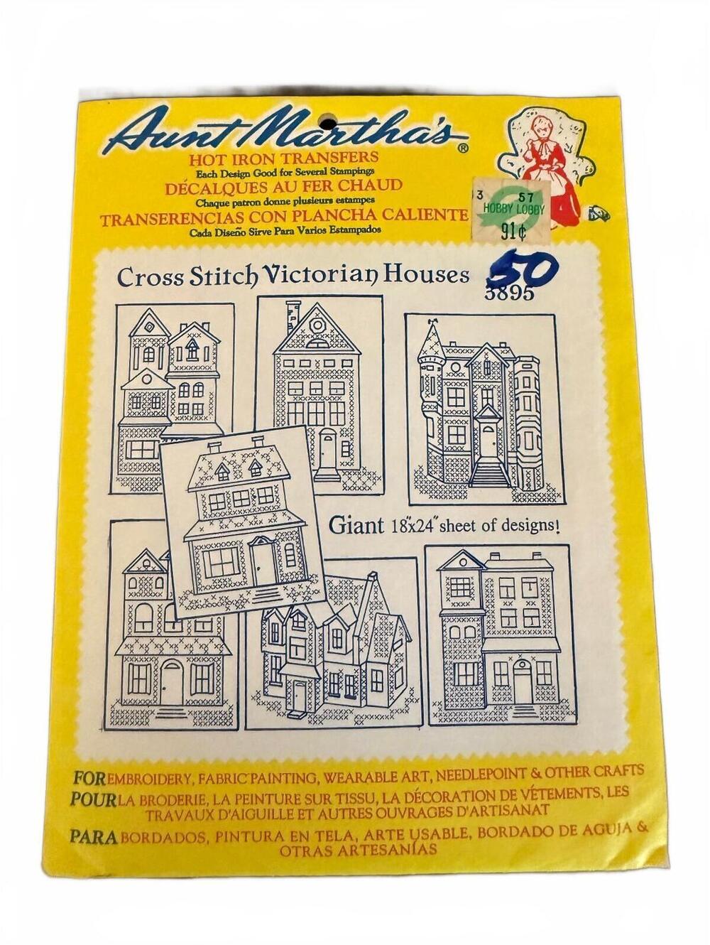 Aunt Martha's Vintage Hot Iron Transfers 3895 Cross Stitch Victorian Houses